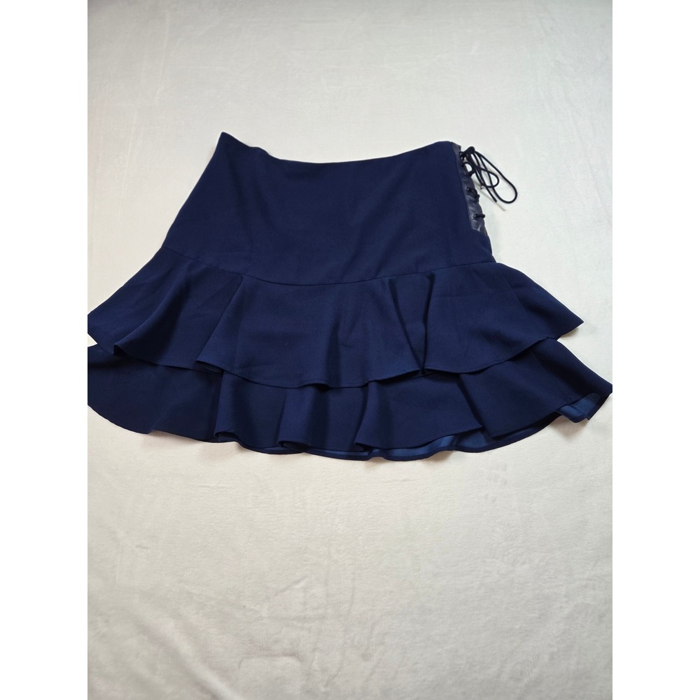 Lauren Ralph Lauren Navy Blue Tiered Ruffle Mini Skirt Lace Up Leather Trim 10